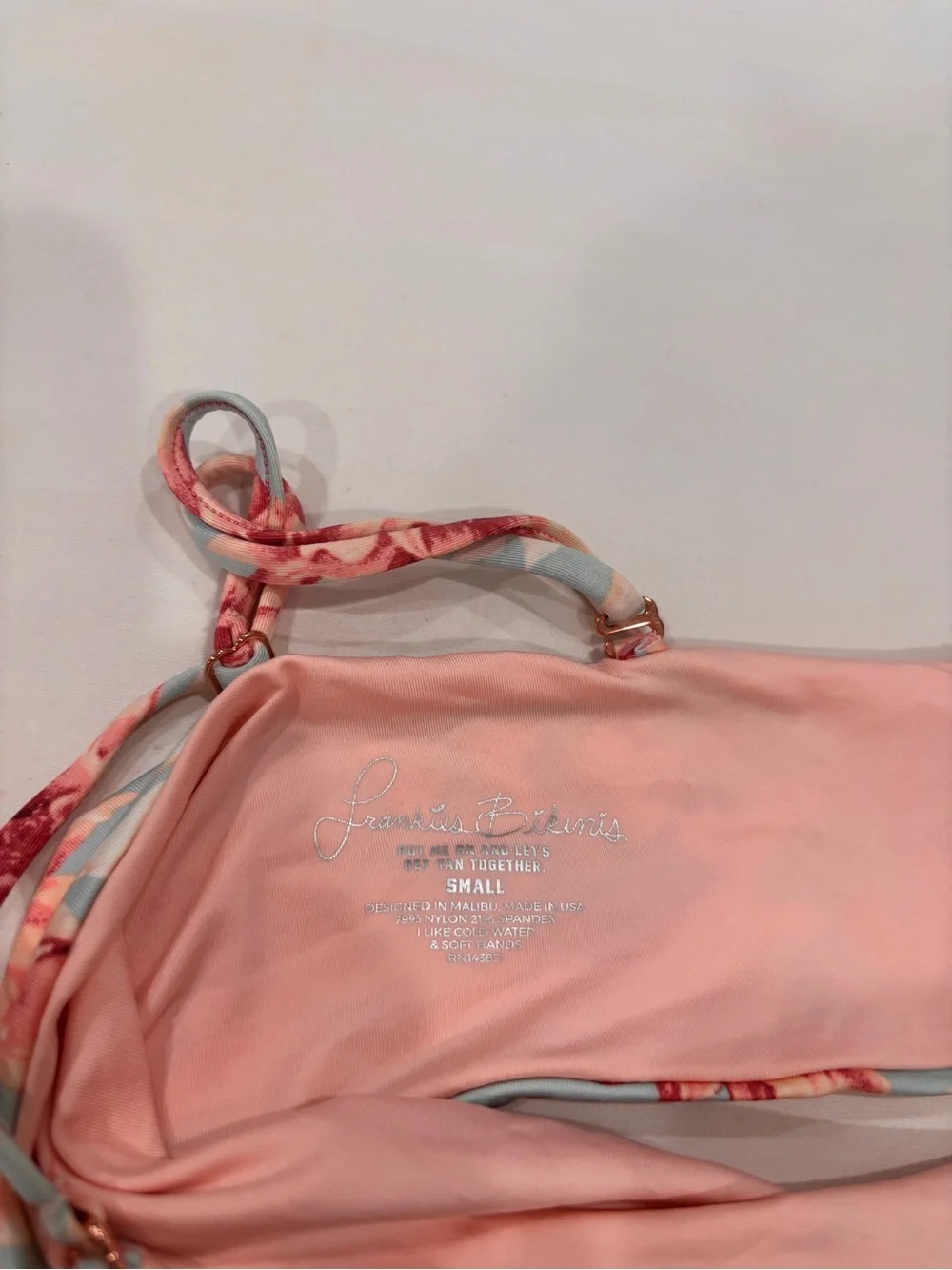 Frankie's Bikinis Light Blue Floral Bikini Top with Pink Flowers